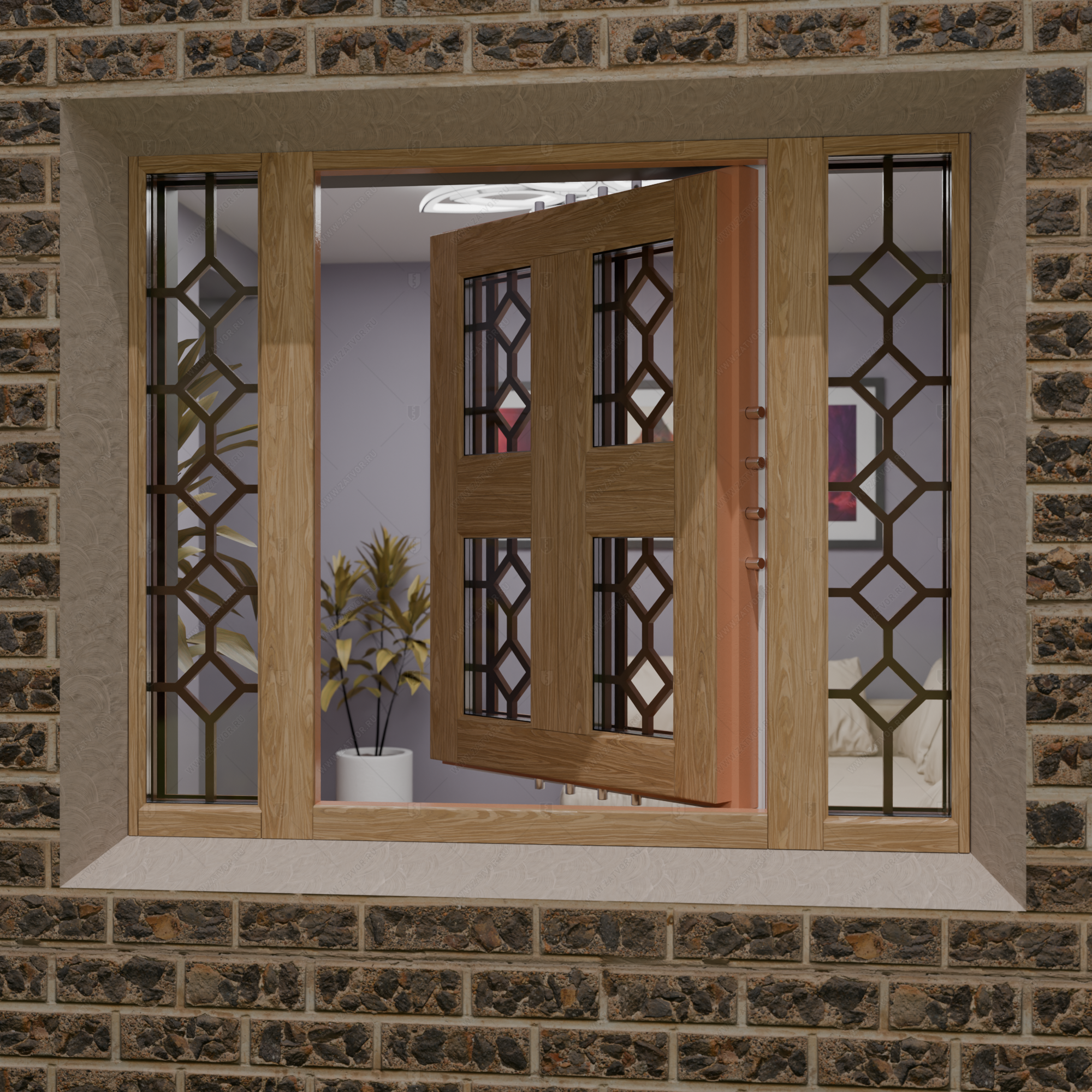 Оконная бронированная открывающаяся группа со стеклом и решетками BR4_6