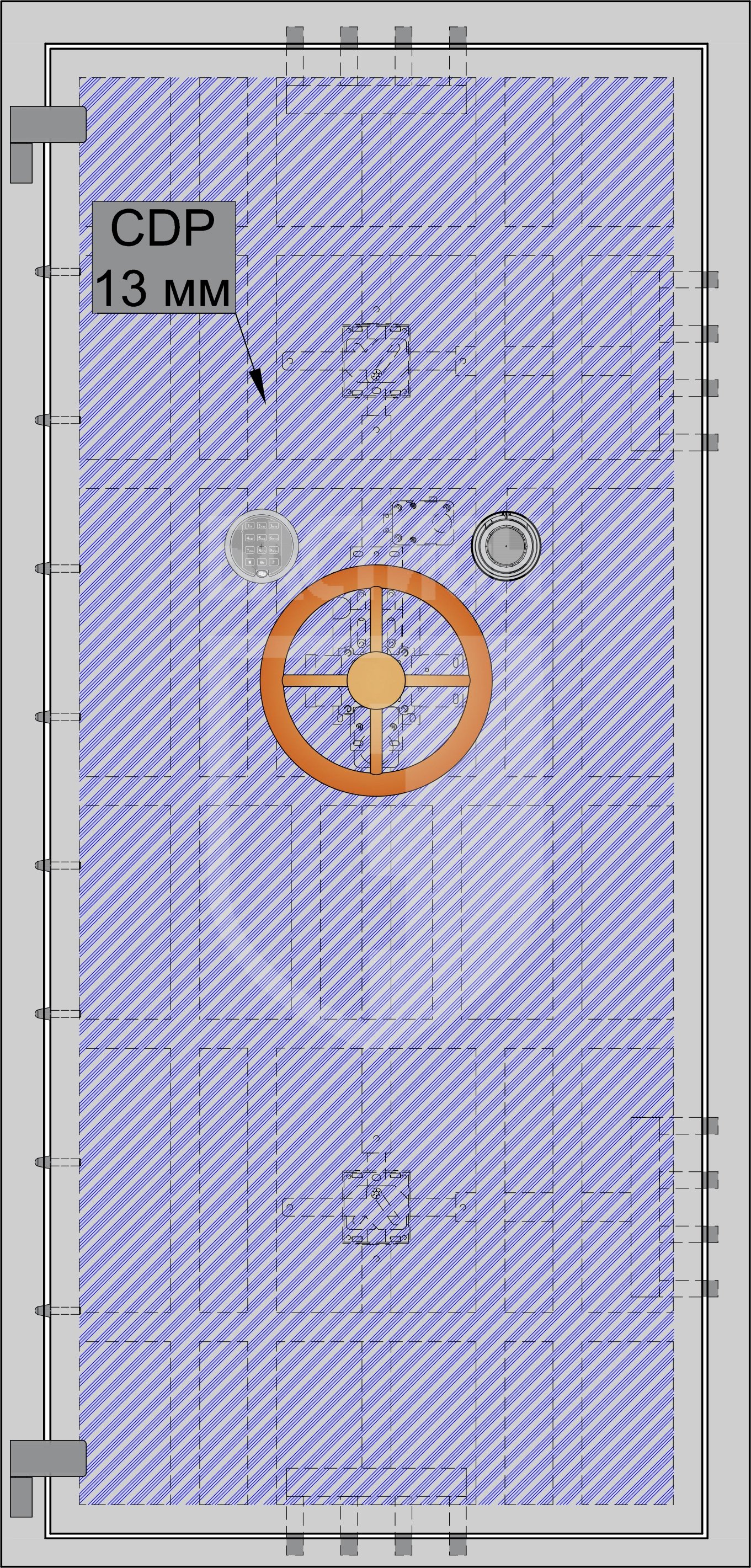 Защита замковой группы сейфовых дверей из листов CDP толщиной 13 мм