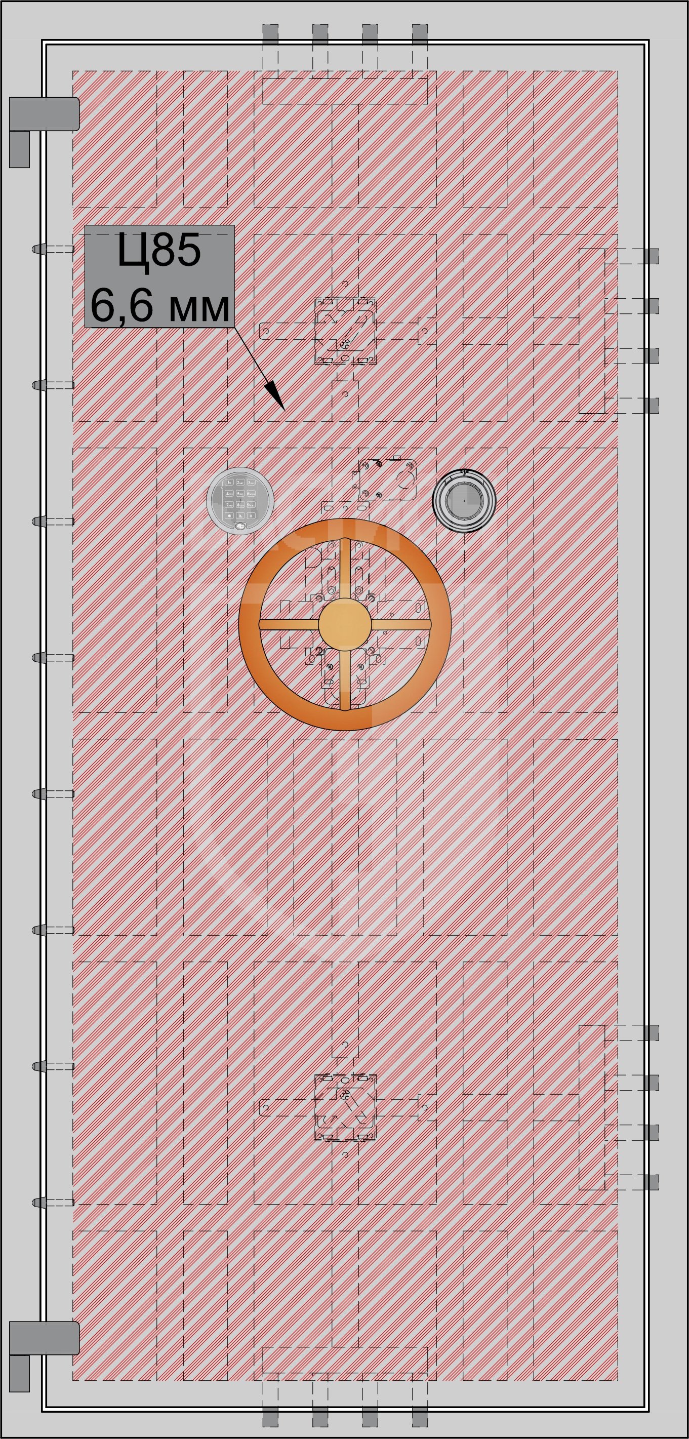 Защита замковой группы сейфовых дверей сталью 42XCHMA (Ц85) толщиной 6.6 мм