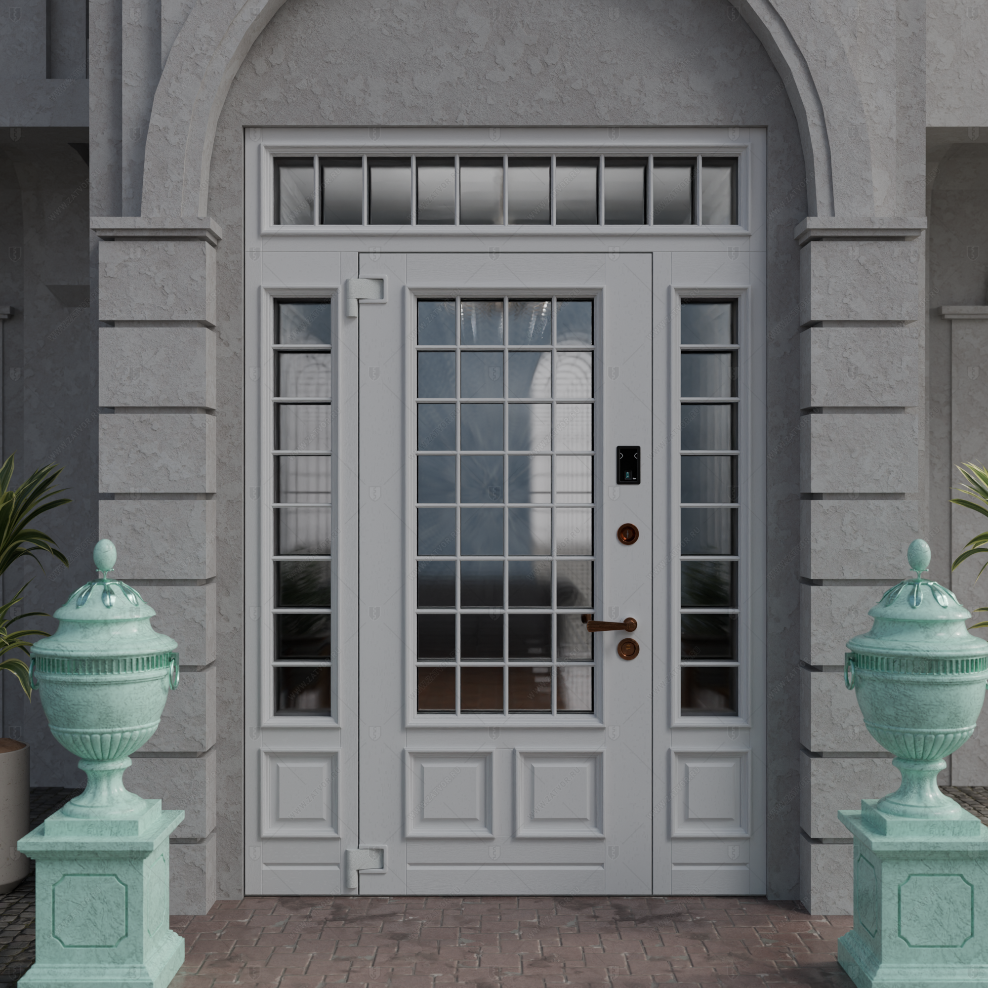 Входная группа в коттедж со стёклами и решётками "Камена" БАСТИОН-3_0